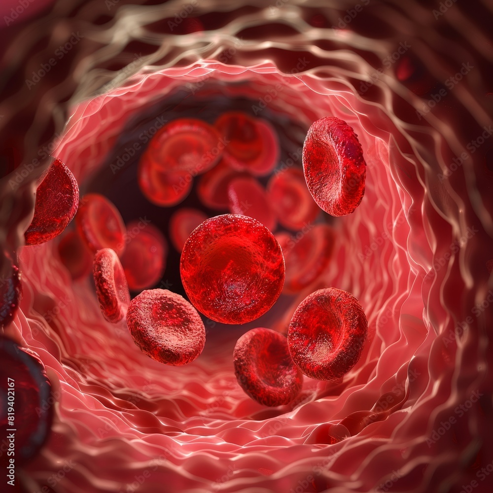 Fototapeta premium Close-up view of red blood cells flowing through a vein, intricate details of cell structure, vibrant red hues against the dark vessel background
