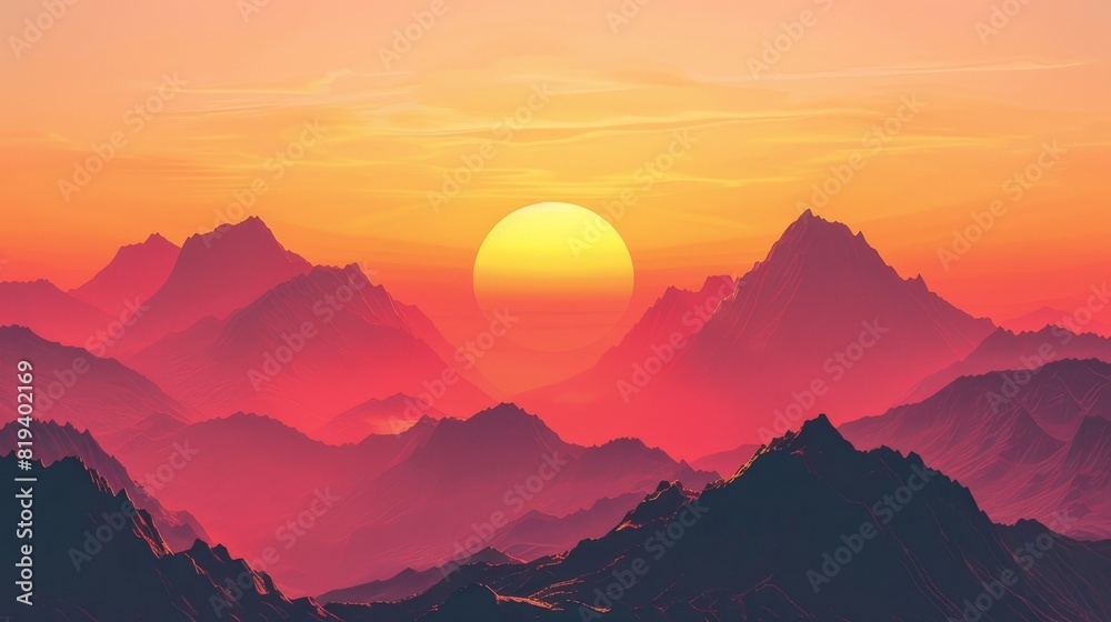 Close-up view of the sun setting over mountains, warm hues of orange and pink dominating the sky, silhouettes of peaks creating a striking contrast