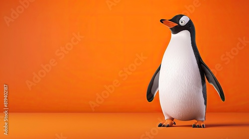 An adorable animated penguin standing alone on a vibrant orange background