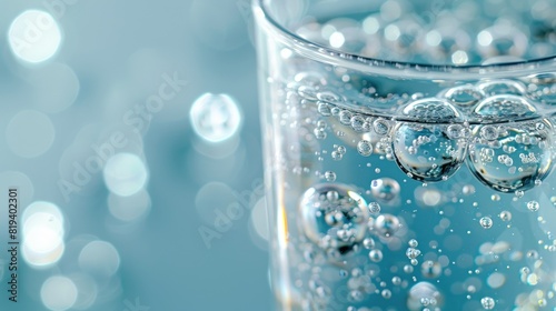An up-close view of bubbles within a glass filled with water photo