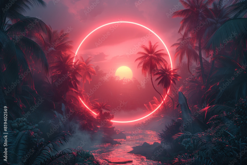 Fototapeta premium A neon circle is surrounded by palm trees and a body of water. The colors are bright and vibrant, creating a tropical and exotic atmosphere