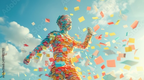 human made of post-its flying in the wind, dither photo