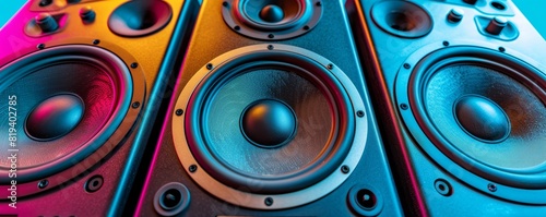 Close-up of vibrant colored large speakers, showcasing audio technology and modern sound design with a focus on speaker details. photo