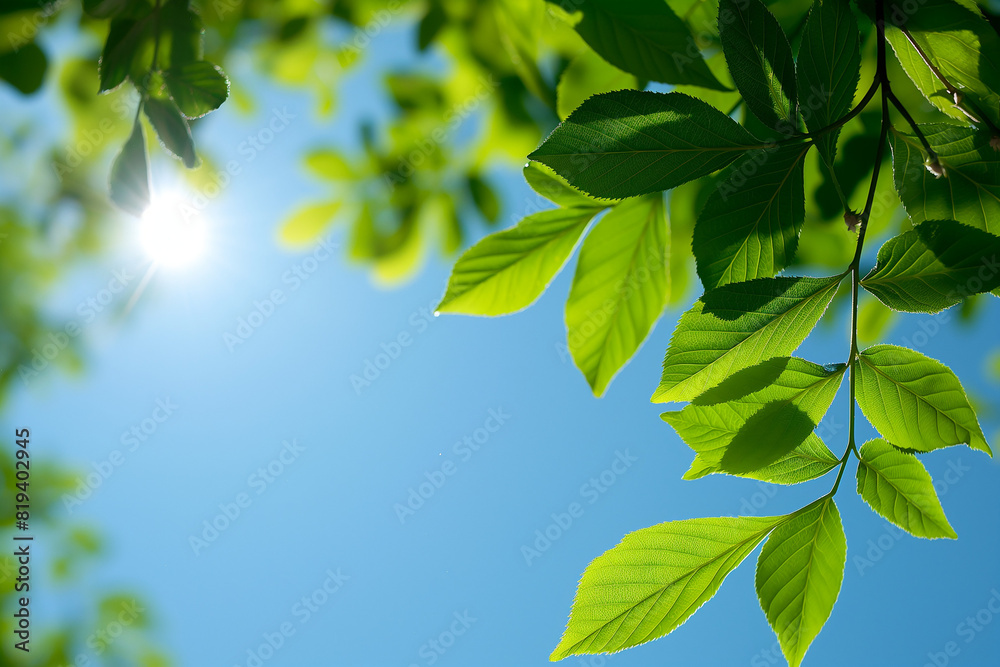 landscape from below, green leaves against the clear blue sky with the sun shining through the leaves, closeup, photorealistic // ai-generated landscape from below, green leaves against the clear blue sky with the sun shining through the leaves, closeup, photorealistic // ai-generated