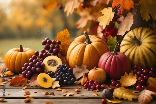 Celebrate Thanksgiving with a vibrant illustration  organic fruits adorning a table in the rich hues of Indian Summer  a feast for the eyes