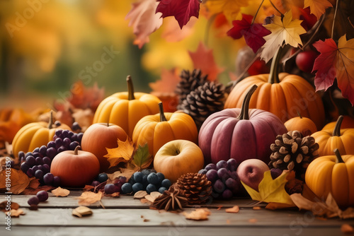 Celebrate Thanksgiving with a vibrant illustration  organic fruits adorning a table in the rich hues of Indian Summer  a feast for the eyes