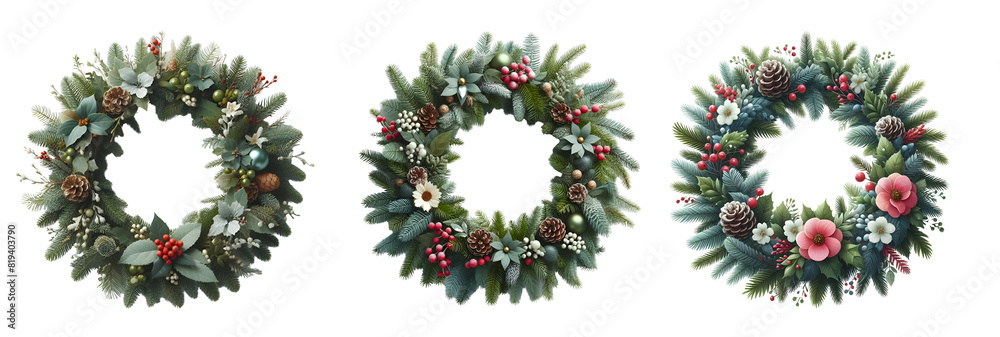 Christmas wreath with fir branches and flowers on transparent background cutouts Christmas wreath with fir branches and flowers on transparent background cutouts