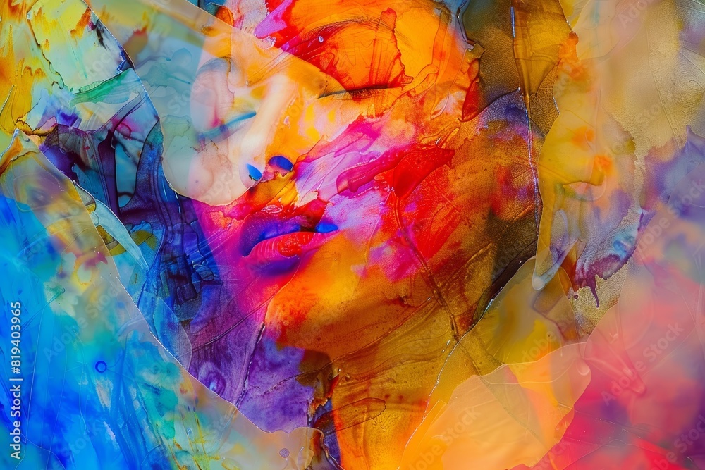 Colorful abstract portrait blending vibrant hues and expressive brushstrokes, capturing an ethereal and imaginative composition.