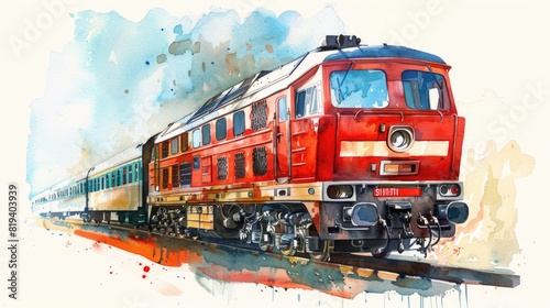 Watercolor illustration of a red train seen from diagonally in front