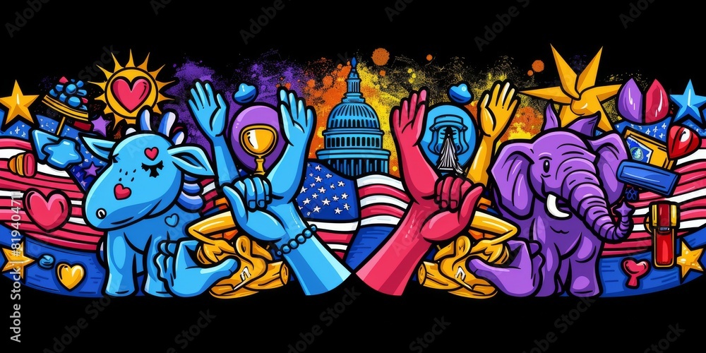 Colorful political mural depicting symbolic imagery of Democratic donkey, Republican elephant, raised hands, and patriotic elements