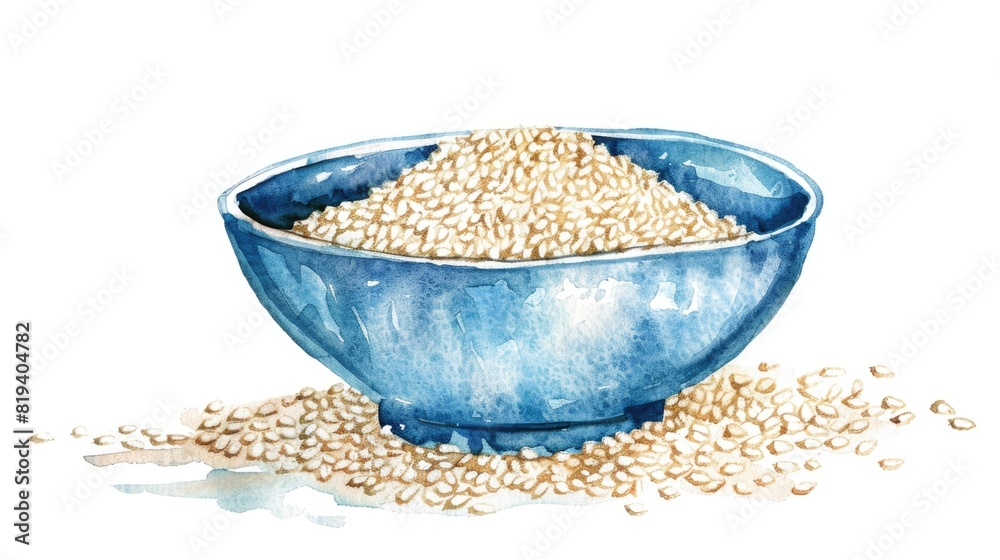 Watercolor illustration of white sesame seeds in a bowl. Watercolor illustration of white sesame seeds in a bowl.