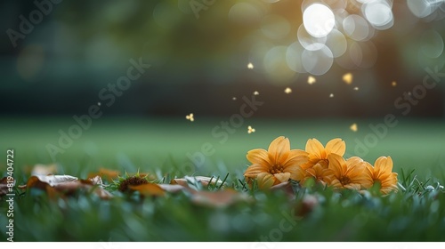 Magical scene of orange flowers on lush green grass with sparkling bokeh lights in the background during sunset photo