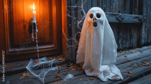 Spooky Halloween Decoration with Ghost Costume and Jack-O-Lantern Candle by Wooden Door and Cobwebs - Perfect for Haunted House Settings © Ross