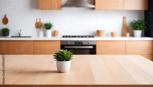 empty clean table in front of kitchen, modern interior design 