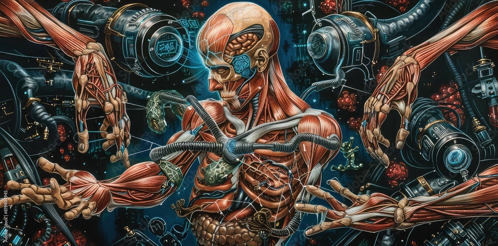 Fototapeta premium Artistic depiction of the human anatomy intertwined with technological elements symbolizing advancements in medical research