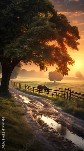 A peaceful morning scene with sun rising over a row of trees along a straight country road  with a horse grazing in a nearby field.