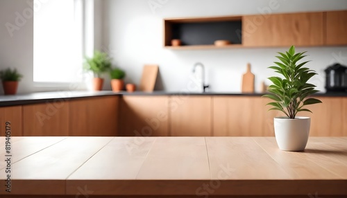 empty clean table in front of kitchen, modern interior design 