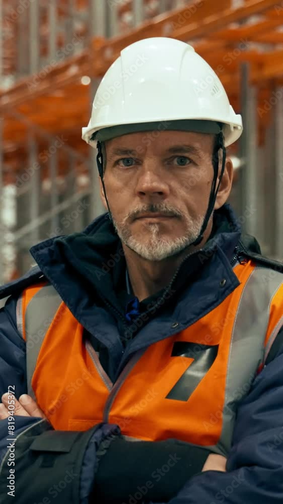 Serious man in white hardhat stands against empty metal racks in modern storage terminal. Bearded engineer with crossed arms turns to camera closeup Vertical Shot. Serious man in white hardhat stands against empty metal racks in modern storage terminal. Bearded engineer with crossed arms turns to camera closeup Vertical Shot.