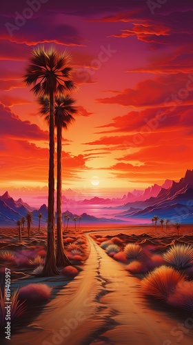 A dramatic sunset view of a desert road with cacti and palm trees against a vibrant orange and pink sky.