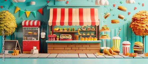 food flat design front view street food theme 3D render Split-complementary color scheme