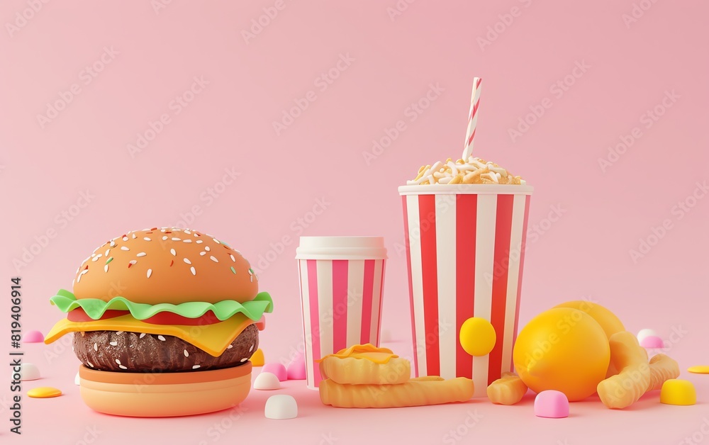 food flat design side view fast food theme 3D render colored pastel food flat design side view fast food theme 3D render colored pastel