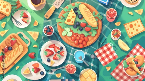 food flat design top view picnic theme cartoon drawing Analogous Color Scheme