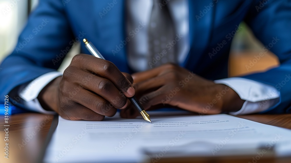 Horizontal close-up photo of an African businessman sitting at a desk, holding a pen, and signing a contract paper. Lease, mortgage, employment HR, or affirm partnership agreement concept. Horizontal close-up photo of an African businessman sitting at a desk, holding a pen, and signing a contract paper. Lease, mortgage, employment HR, or affirm partnership agreement concept.
