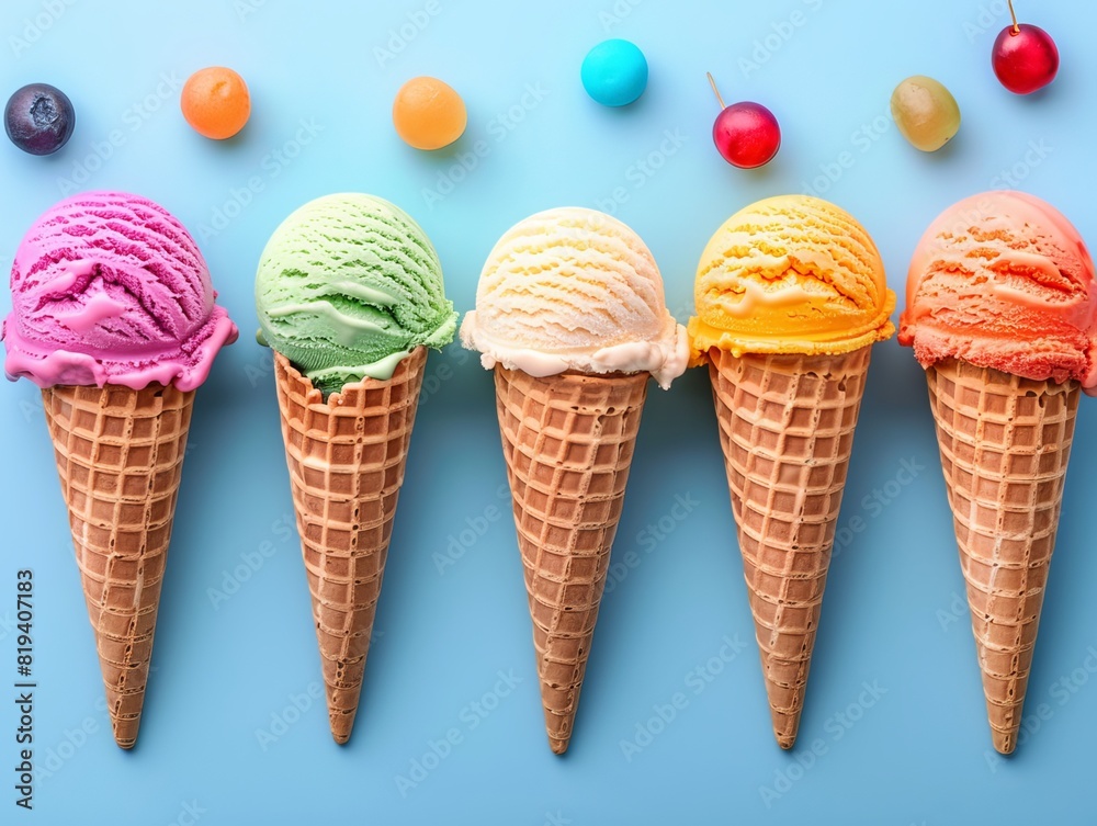 Colorful ice creams in cones isolated on a blue gradient background Colorful ice creams in cones isolated on a blue gradient background