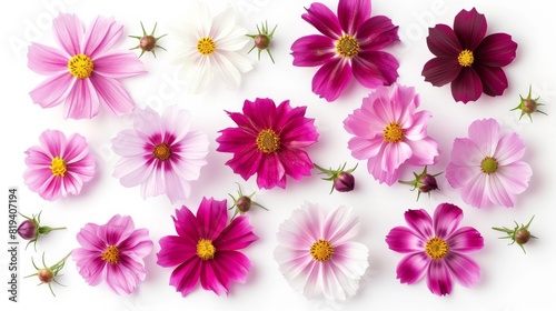 Isolated cosmos blossoms on white  flat-lay composition.