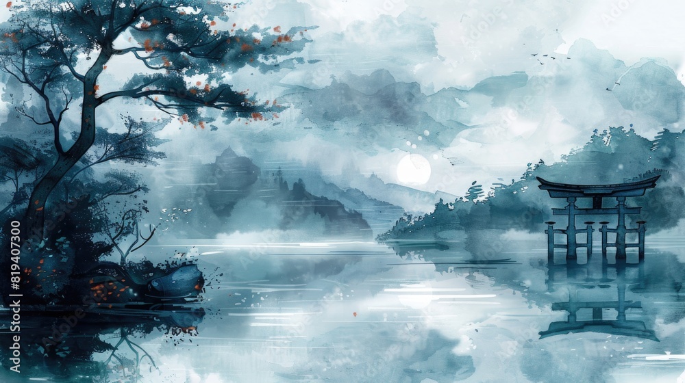 Watercolour illustration of a japanese landscape at a beautiful lake, artistic modern and simple background