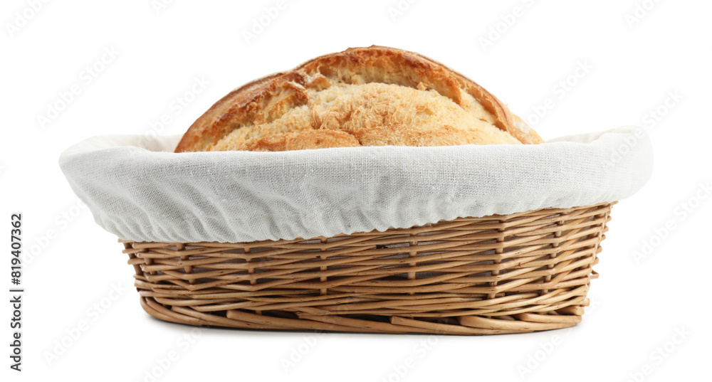 Wicker basket with fresh bread isolated on white
