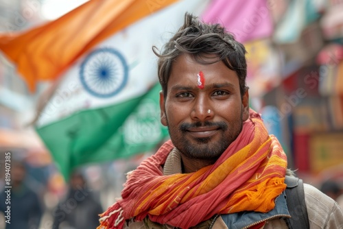 A man wearing a red scarf stands in front of a green and white flag of India, Indian symbol