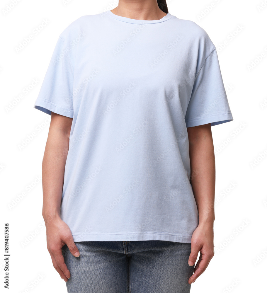 Woman wearing light blue t-shirt on white background, closeup Woman wearing light blue t-shirt on white background, closeup