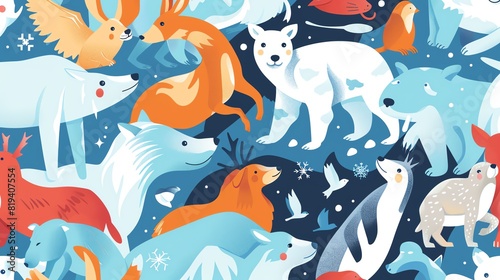 animals flat design top view arctic theme cartoon drawing Analogous Color Scheme