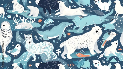 animals flat design top view arctic theme cartoon drawing Analogous Color Scheme photo