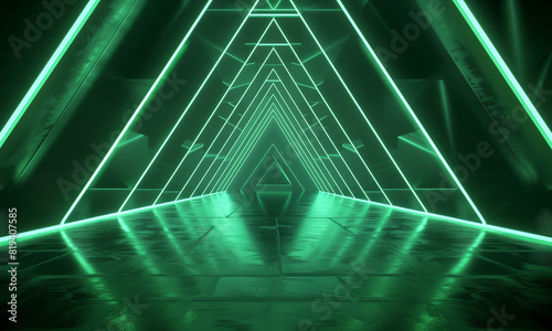 3d render. Abstract green neon background with triangular shape, laser rays and glowing lines