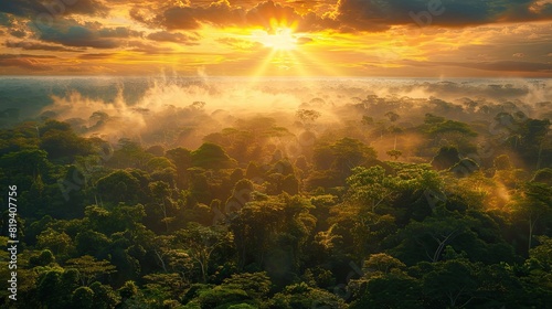 Beautiful green amazon forest landscape at sunset sunrise