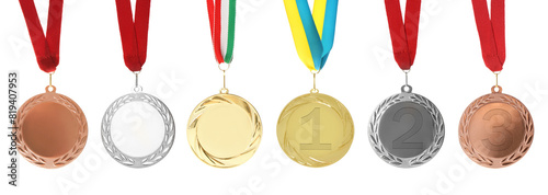 Gold, silver and bronze medals isolated on white, set photo