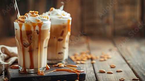 Iced caramel latte topped with whipped cream and caramel sauce, a refreshing and sweet coffee drink 