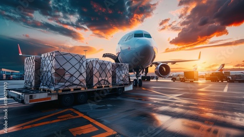 Air cargo logistic containers are loading to an airplane. Air transport shipment prepare for loading