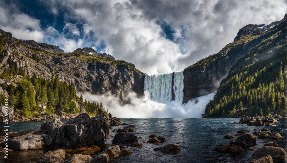 Fototapeta premium cinematisch aussehende landschaft mit traumhaften wasserfall, island, irland schottland