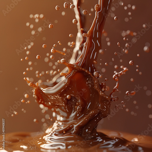 Dynamic liquid chocolate flowing artistic wave pattern  with chocolate beads suspended in mid air