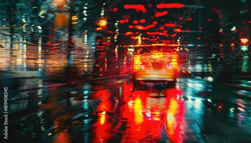 Abstract reflection of a car driving on a wet road at night