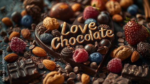 Dark chocolate bar surrounded by cocoa powder and chocolate pieces on dark background