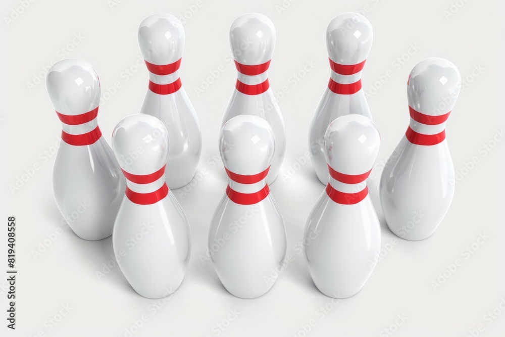 A row of bowling pins with red and white stripes A row of bowling pins with red and white stripes