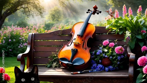 Violin on bench with cute animals. Seamless looping time-lapse 4k video animation background photo