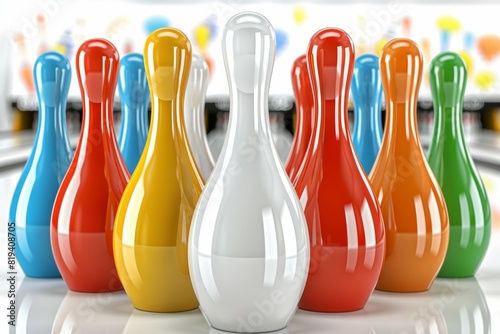 A row of bowling pins in various colors