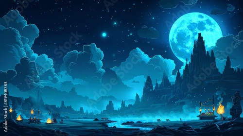Stunning Night Sky Fantasy Landscape with Full Moon Illuminating Mystic Mountains and Enchanted Village by Firelight