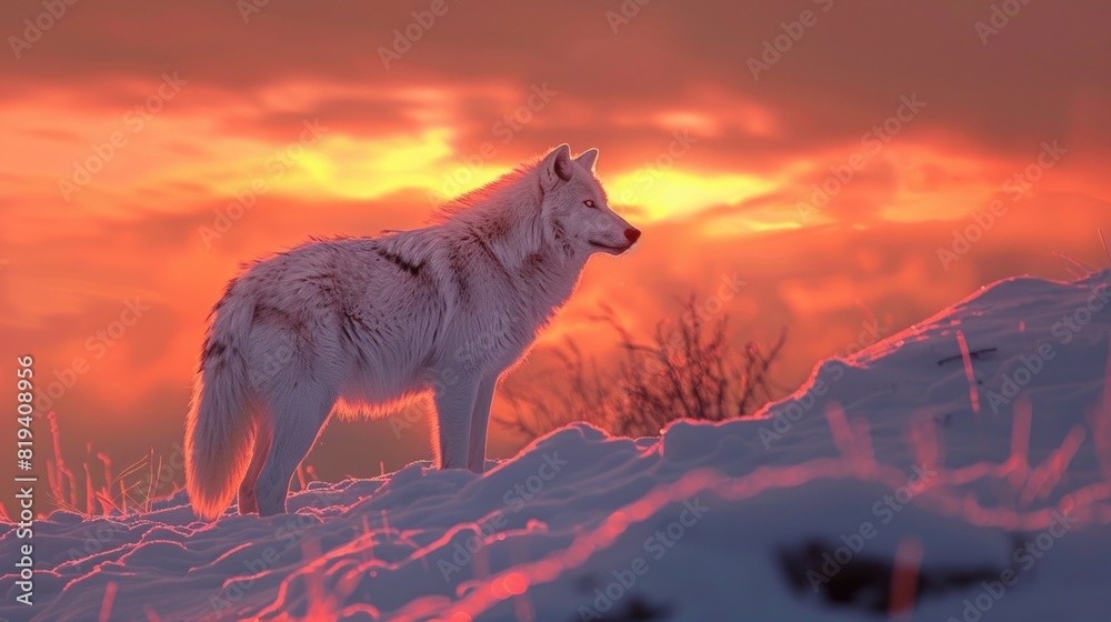 White arctic wolf standing in a winter snow landscape during a beautiful red sunset White arctic wolf standing in a winter snow landscape during a beautiful red sunset