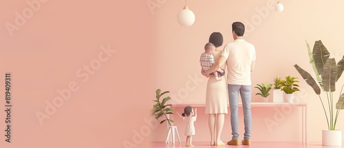 family flat design side view reunion theme 3D render colored pastel
